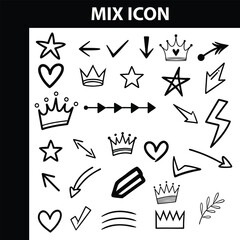 Hand Drawn Doodle Icons Set Arrows Hearts Stars Crowns and More