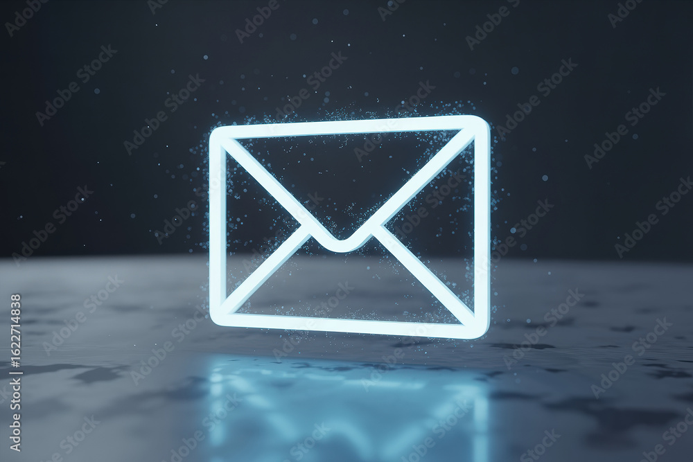 Poster luminous email symbol on a reflective surface signifying modern digital communication and informatio