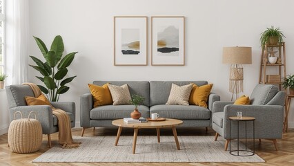 Stylish boho-inspired sitting room showcasing a gray couch, comfy armchair, warm yellow plaid cushions, plants, refined decorations, and handcrafted macrame shelf planters with paintings.