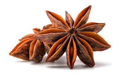 Close-up of star anise spice showing its detailed star-shaped structure, isolated on a white background.