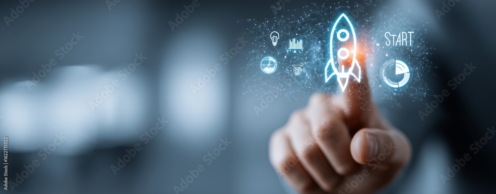 Poster a hand interacting with a digital interface featuring a rocket and various icons, symbolizing innova