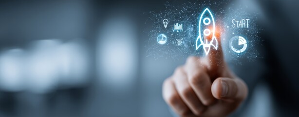 A hand interacting with a digital interface featuring a rocket and various icons, symbolizing innovation.