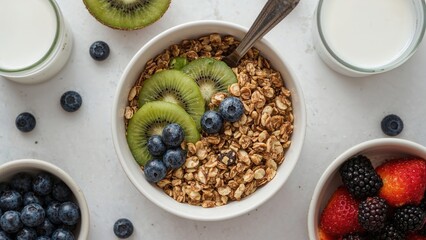 Bowl of homemade baked muesli featuring kiwi and blueberries, alongside a glass of milk on a light-colored surface. Concept of a nutritious breakfast with copy space.