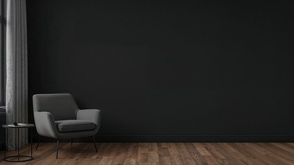 Chic modern dimly lit living area interior with grey seating, black blank wall presentation, and retro lounge mockup