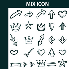 Hand Drawn Doodle Icons and Elements Set with Arrows Hearts and Crowns