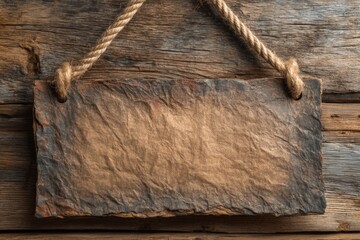 Rustic slate sign hanging from rope against a wooden background in natural light