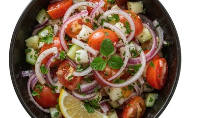 Colorful salad made with fresh vegetables and herbs, accompanied by a citrusy lemon dressing in a black dish.