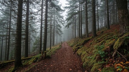 Fototapeta premium Foggy passage in a verdant pine forest. Conifers, moss layers, ferns, and vegetation. Stunning panoramic view. Seasonal shift from autumn to winter. Wilderness conservation, eco-friendly practices,
