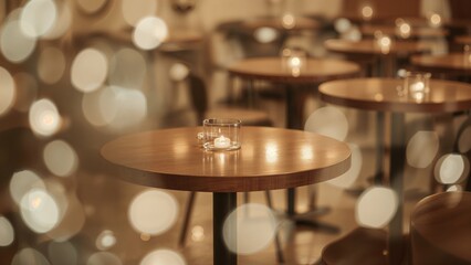 All the round tables inside this elegant cafe showcase mahogany wood surfaces, set against a blurred background with space for promotional content.