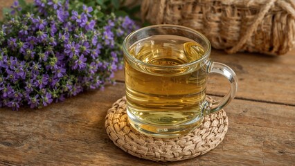 Glass cup containing healthy thyme tea with flowers, set on a woven coaster on a timber table; beehives in the background, illustrating the concept of a nutritious lifestyle and well-being.