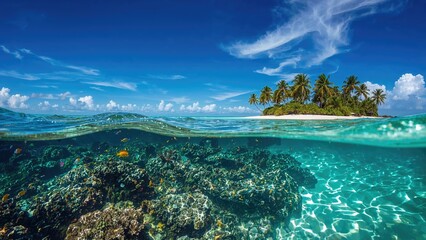Split view of a vibrant coral reef and tropical fish in crystal-clear turquoise waters, with palm trees lining the sandy shore under a bright blue sky
