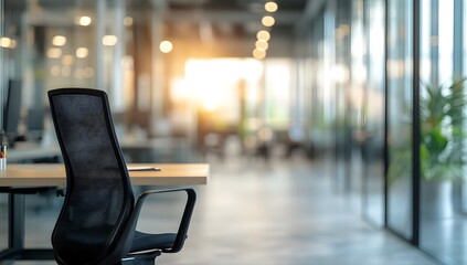 Empty office chair in a modern, blurred office space, symbolizing work, vacancy, or the concept of returning to the workplace