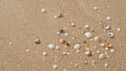Seashell collection on sandy seaside, textured pattern featuring water and natural summer vibes
