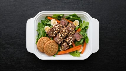 Fresh vegetable and veal salad served with oat cookies. Wholesome diet choice. Packed lunch. Black wooden backdrop. Overhead shot. Space for writing.
