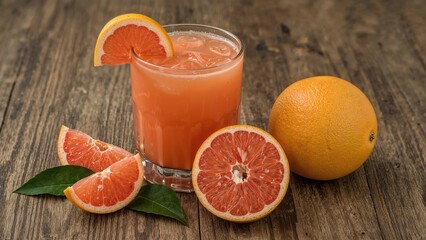 Healthy citrus juice and fresh citrus pieces set on a wooden tabletop