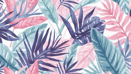 Tropical leaf motifs in a pastel color scheme including pink, blue, mint, turquoise, and purple. Continuous exotic border with textured pattern. Watercolor 3D style, chic and elegant artwork. Premium