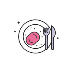 Table setting icon with plate, knife, and fork featuring food  