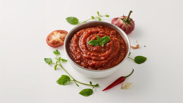 Close-up of Indian gravy prepared from onion tomato puree, placed in a bowl with raw tomatoes, garlic, peas, and red chili, emphasized by selective focus
