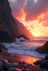 Fototapeta premium breathtaking sunset over rocky coastline cliffs dramatic sky waves ocean view serene landscape, horizon, light, reflection, pacific, bluff, colours, dusk