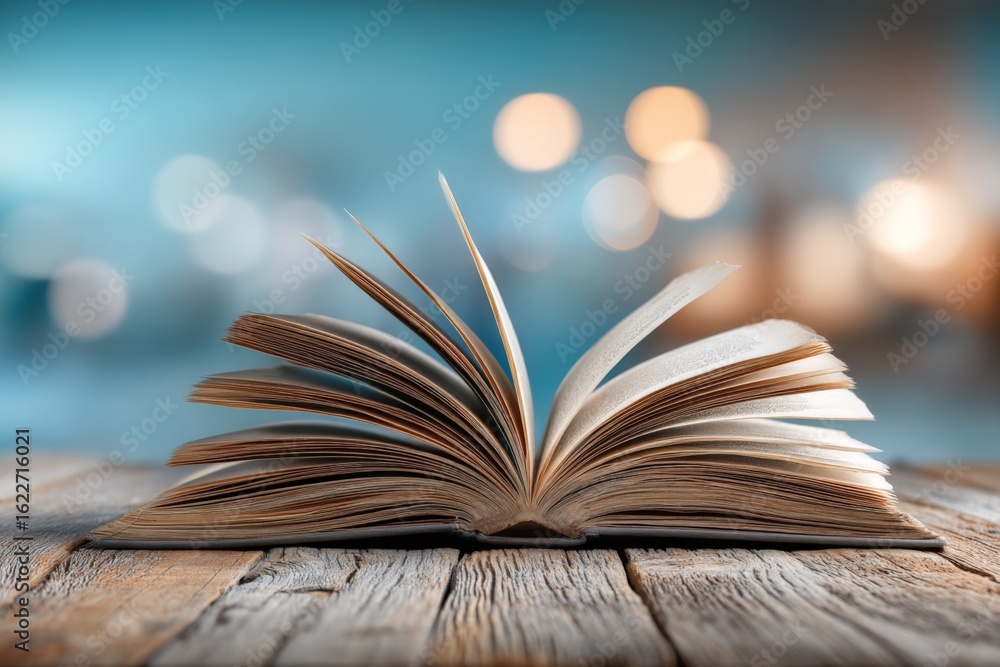 Poster open book resting on wooden table with blurred background and soft lighting creating a cozy atmosphe