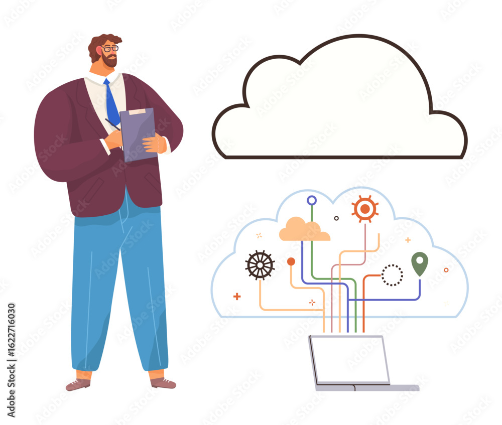 Aufkleber man with clipboard examining cloud network connecting abstract data lines, gears, and laptop. ideal 