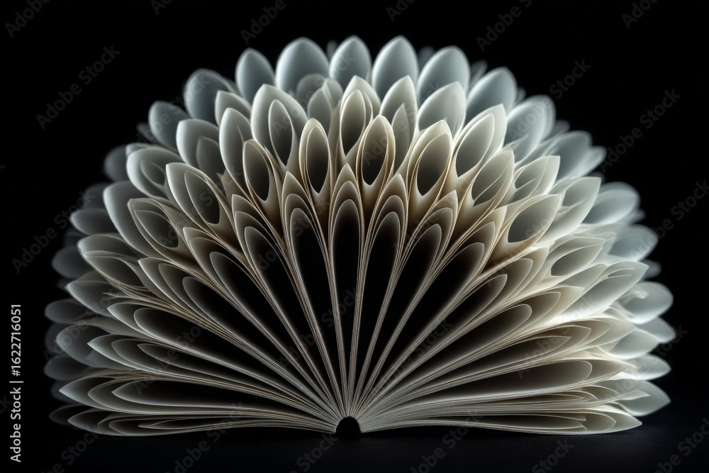 Poster intricate display of a fan-like book showcasing its pages in an artistic arrangement on a dark surfa