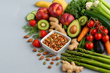 Vibrant Display of Healthy Foods A Colorful and Nutritious Assortment of Fruits Vegetables and Nuts