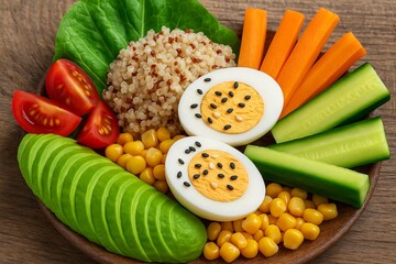 A Wholesome and Colorful Salad Bowl with Quinoa, Avocado, Hard Boiled Eggs, and Fresh Vegetables on a Wooden Table