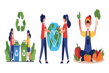 People recycling earth and harvesting fresh produce planet heart