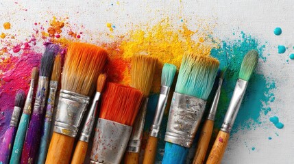 Obraz premium Colorful paintbrushes on a surface splattered with vibrant paint