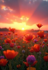 Fototapeta premium breathtaking sunset over vibrant wildflower field stunning display color beauty, nature, landscape, flora, blossom, sky, horizon, sunlight, meadow, bloom