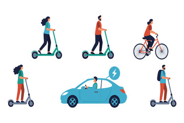 People riding electric scooters bicycle and driving electric car bike