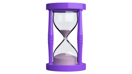 Colorful hourglass with purple sand on transparent background