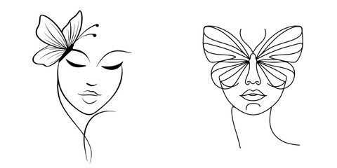 The face of a woman is illustrated with a butterfly using a single line, presented in a minimalist abstract portrait style, combined with botanical prints that represent the connection between nature