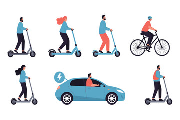 People riding scooters and bicycle near electric car electric scooter kick scooter