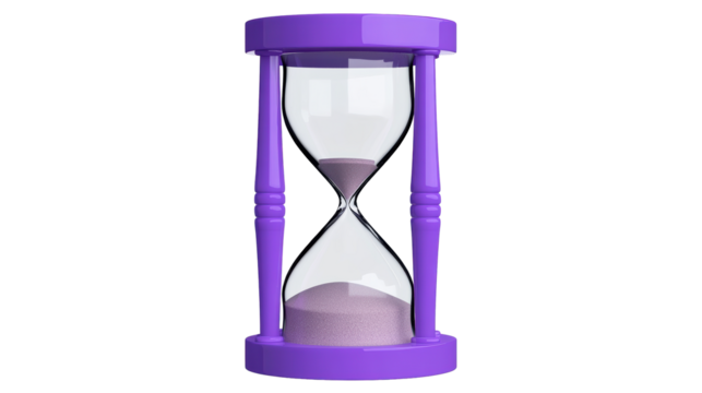 Colorful hourglass with purple sand on transparent background