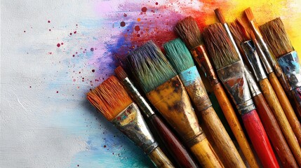 Fototapeta premium Assorted paintbrushes on colorful art surface