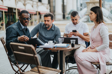 A group of professionals having a discussion while using laptops and devices in an open environment.