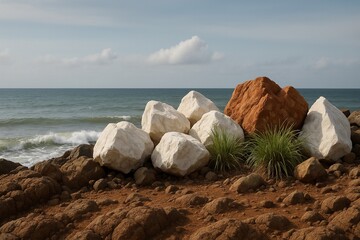 Coastal Rocks Serenity A Seaside Vista with Stone Formations, Verdant Grasses, and Ocean Waves Under a Light Sky