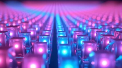 Endless grid of glowing cubes pulsating in neon blue and purple hues, shifting gently in a seamless loop with a futuristic and mesmerizing vibe. - Powered by Adobe