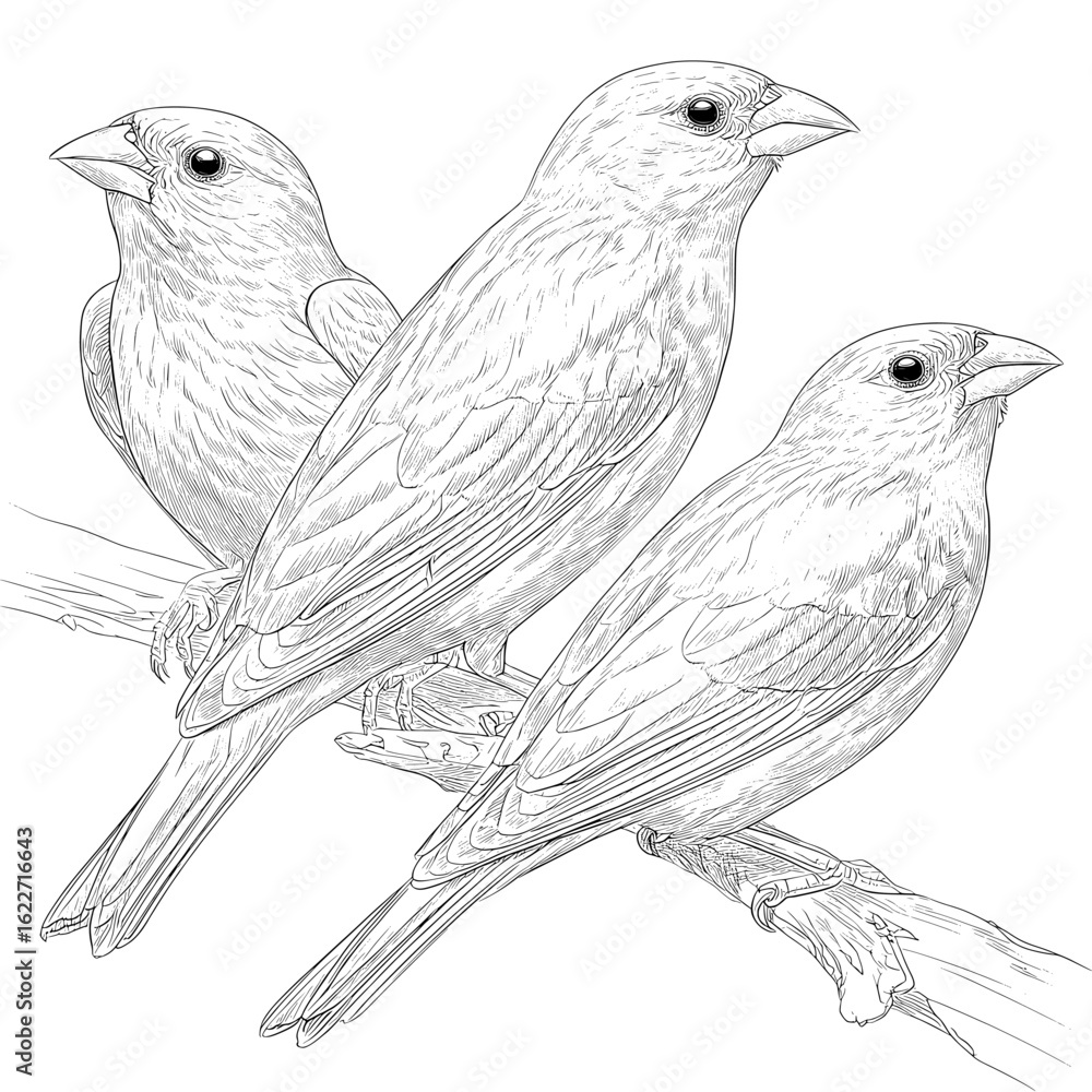 Aufkleber ink sketch of three tiny birds sitting on a branch created in a modern style