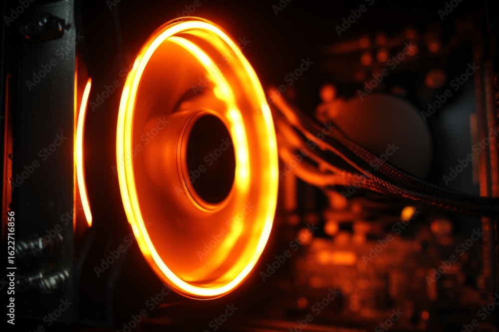 Poster close-up view of a glowing computer fan inside a gaming pc showing intricate details of hardware com