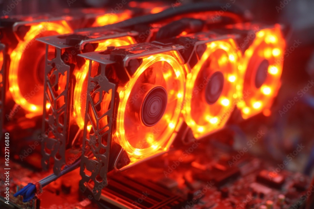 Fototapete high-performance graphics cards illuminated with red leds in a computer setup for gaming and cryptoc