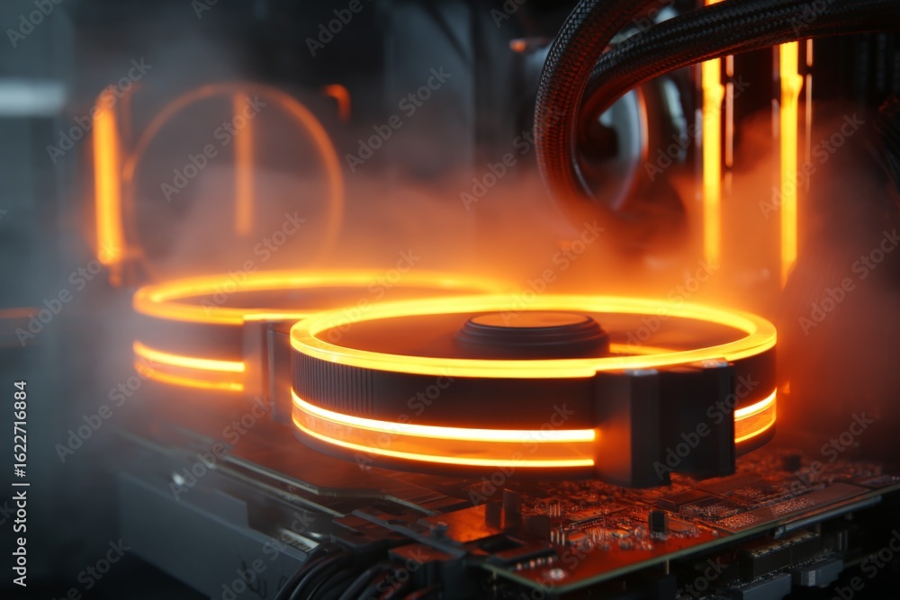Fototapete energy-efficient cooling system with glowing lights in a modern computer setup highlighting performa
