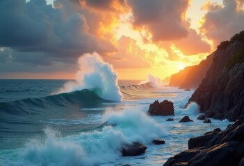 Obraz premium cascading waves clashing rugged shoreline cliffs dramatic seascape beauty nature power, cascade, crash, ocean, rock, landscape, coast, foam, tide, water