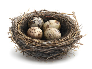 Obraz premium Detailed natural bird nest made of twigs and grass, holding speckled eggs with soft earthy tones, realistic texture, isolated on white background.