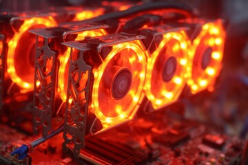 High-performance graphics cards illuminated with red LEDs in a computer setup for gaming and cryptocurrency mining
