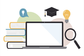 Stack of books laptop graduation cap light bulb and magnifying glass vector