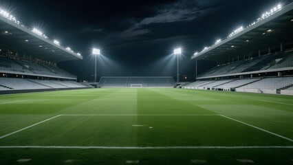 Empty soccer stadium at night under bright floodlights