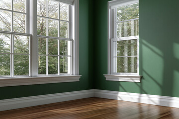Obraz premium Green wall corner room with large white framed windows and wooden floor reflecting natural light creating calm and inviting atmosphere